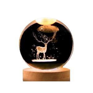 چراغ خواب گوی شیشه‌ای طرح گوزن | نور آفتابی با ۶ LED و رابط USB