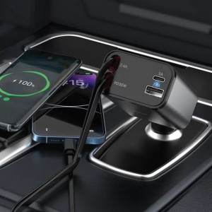 شارژر فندکی خودرو GreenLion 50W Car Charger | شارژ سریع 3 دستگاه با کابل جمع‌شونده