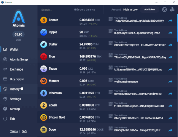 تاریخچه تراکنشها در کیف پول اتمیک (Atomic wallet)