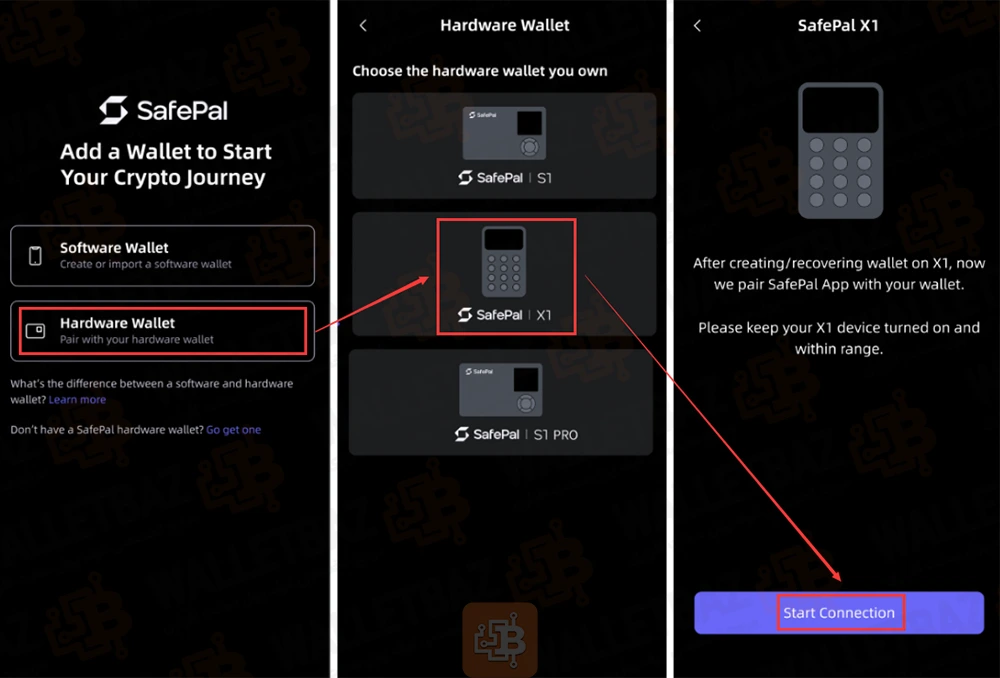 3 stages of connecting SafePal X1 to SafePal App