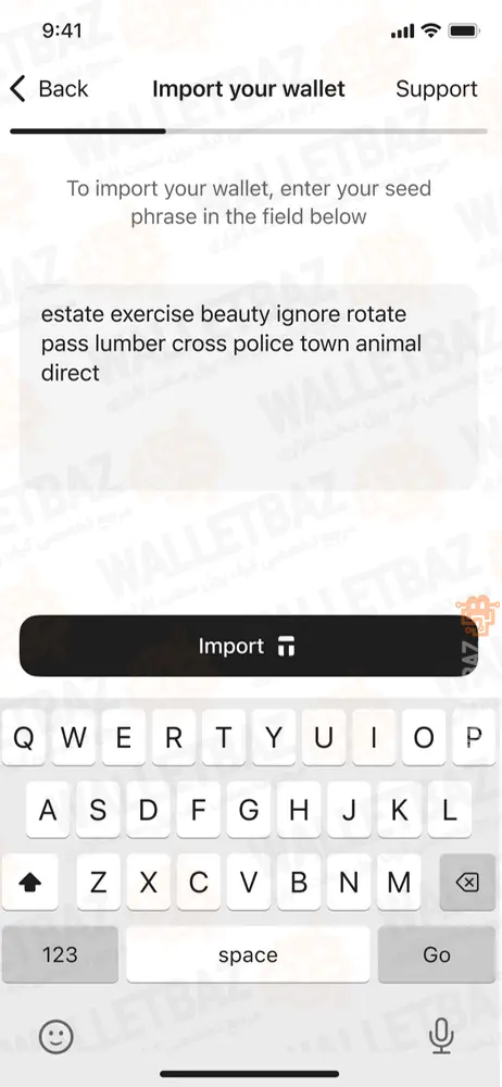 entering seed phrase on tangem app