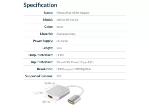 مبدل اچ دی ام آی آیفون و آیپد اوریکو ORICO PE-M2 HDMI Adapter for iPhone &amp; iPad