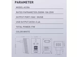 شارژر دیواری و مبدل برق مسافرتی با سه درگاه یواس‌بی الدنیو LDNIO Travel Converter Adapter A3306