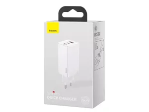 شارژ دیواری فست شارژ تایپ سی و یو اس بی 65 وات بیسوس Baseus CCGAN2P-B02 Dual USB-C Quick Charging