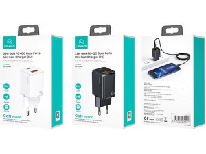 شارژر دیواری 2 پورت 33 واتی فست‌شارژ یوسامز USAMS US-CC144 T43 33W USB+Type-C Dual Port GaN Wall Charger