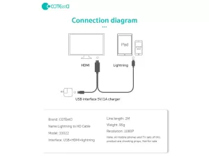 کابل چند سر اچ دی ام آی به لایتنینگ و یو اس بی 2 متری کوتتسی Coteetci HDMI to Lightning USB Cable 33022