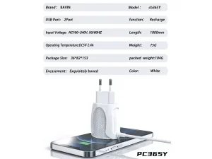 شارژر دیواری یواس‌بی با کابل لایتنینگ باوین BAVIN PC365Y 2.4A Dual USB Adapter Charger