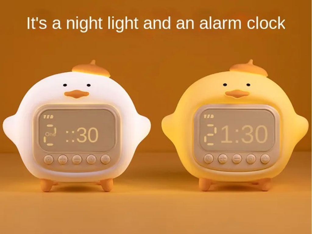 چراغ خواب سیلیکونی و ساعت زنگ‌دار دیجیتالی فانتزی رومیزی C15 Cartoon Duck Alarm Clock Silicone Night Light