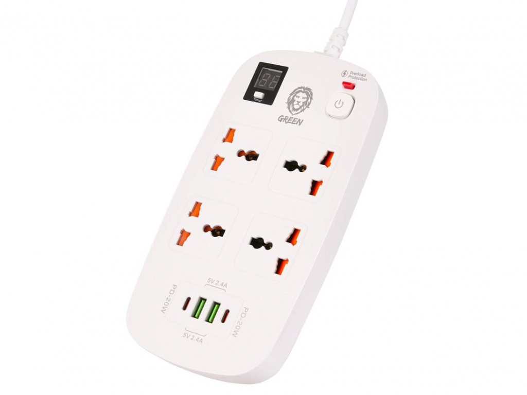 چند راهی برق هوشمند 4 سوکت و 2 یو‌اس‌بی و 2 تایپ‌سی گرین Green Multiport Smart Power Socket 3500W 3M GNPS2PDWH