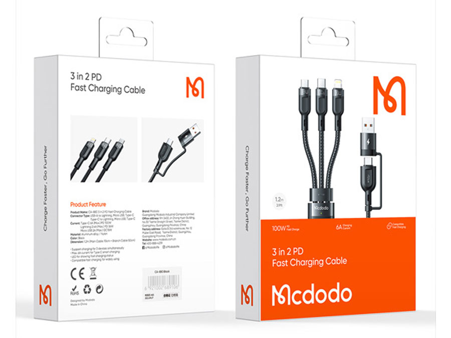 کابل سوپر فست شارژ 100 وات چند سر به طول 1.2 متر مک‌دودو Mcdodo 2 in 3 100W PD Fast Charging Cable CA-8800