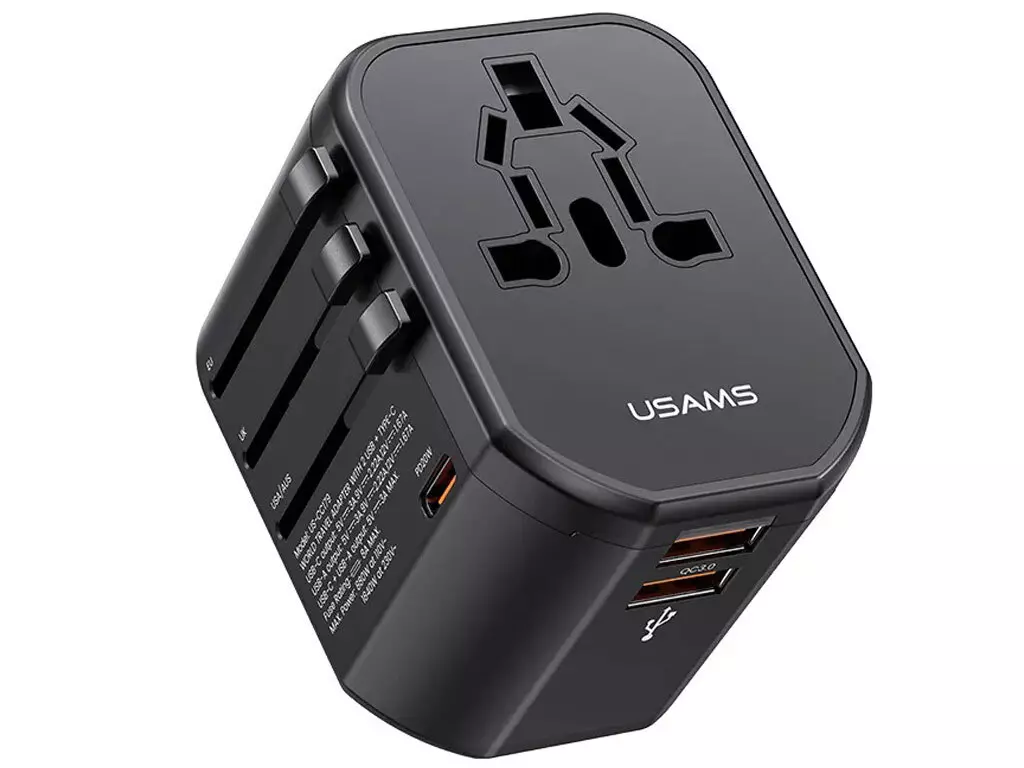 شارژر مسافرتی دو یواس‌بی، یک تایپ‌سی و یک سوکت برق 20 وات یوسامز USAMS US-CC179 T59 20W USB+Type-C Universal Travel Charger 20W