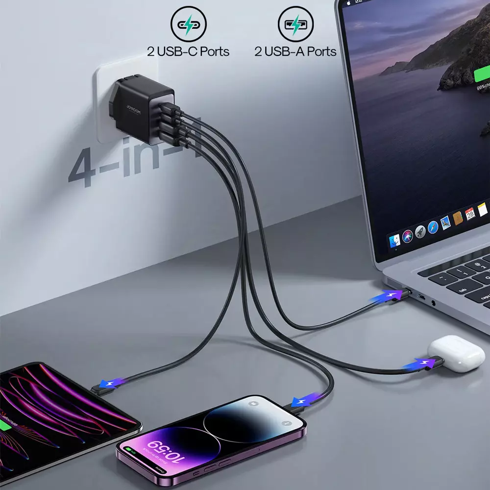 شارژر دیواری تایپ سی و یو اس بی 67 وات با کابل دو سر تایپ‌سی جویروم TCG02