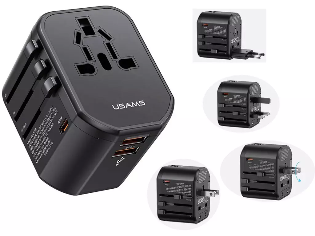 شارژر مسافرتی دو یواسبی، یک تایپسی و یک سوکت برق 20 وات یوسامز USAMS US-CC179 T59 20W USB+Type-C Universal Travel Charger 20W