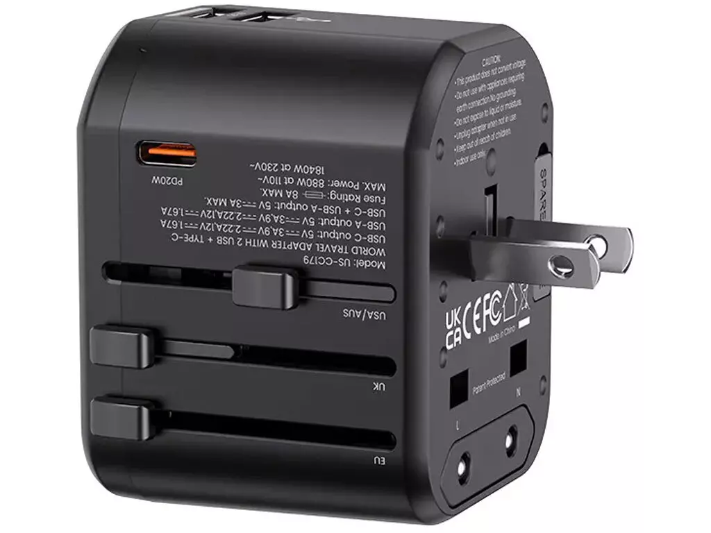 شارژر مسافرتی دو یواسبی، یک تایپسی و یک سوکت برق 20 وات یوسامز USAMS US-CC179 T59 20W USB+Type-C Universal Travel Charger 20W