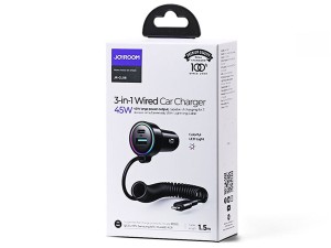 شارژر فندکی فست شارژ یو اس بی و تایپ سی با کابل 1.5 متری لایتنینگ جویروم Joyroom car charger 45W JR-CL08