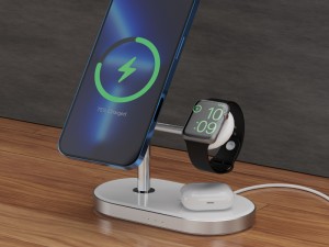 شارژر وایرلس و هولدر موبایل رومیزی پاورولوژی Powerology 3 in 1 MFi Charging Dock P31MFCHWH