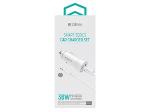 شارژر فندکی یو اس بی و تایپ سی 36 وات دویا همراه کابل تایپ سی به لایتنینگ Devia EA244 Smart Series PD+QC3.0 Car Charger Set 36W