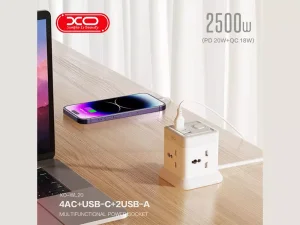 چندراهی برق 4 سوکت, سه یو اس بی و یک تایپ سی دو متری ایکس او Network Extender XO WL20 20W Square Socket 4AC +USB-A+1USB-C PD/QC 2m