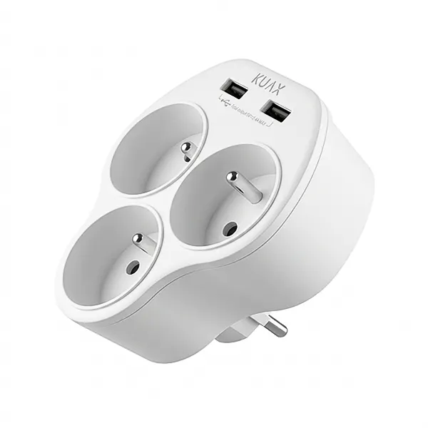 سه راهی برق دیواری KUAX مدل WW09-E3b-2U دارای دو پورت USB شارژ