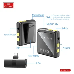 میکروفون بی‌سیم یقه‌ای حرفه‌ای ارلدام Earldom ET-MC9L (مخصوص آیفون با افکت Reverb و ورودی AUX)