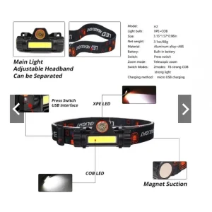 چراغ پیشانی (هدلایت) شارژی دوکاره مدل HPH-88 با لامپ COB و XPE 5