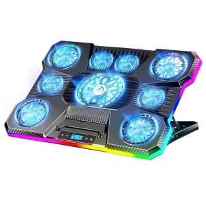 پایه خنک کننده لپ تاپ ۹ فن RGB مدل توربو (نمایشگر دیجیتال + هولدر موبایل)