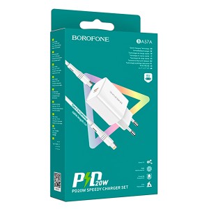 شارژر دیواری 20 وات بروفون BA57A به همراه کابل لایتنینگ | آداپتور فست شارژ3