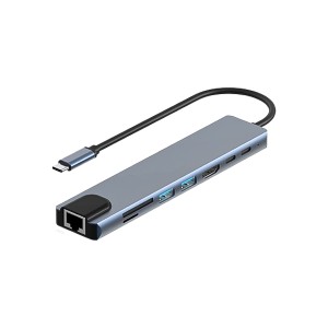 هاب 8 پورت تایپ سی (Type-C) به HDMI / LAN / USB 3.0 / رم ریدر بدنه آلومینیومی