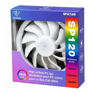 فن کیس ۱۲ در ۱۲ سانتی‌متر گیمینگ RGB اسپاتان مدل SP120 رینگی JG-FW با پره‌های سفید مات و سوکت مولکس 4