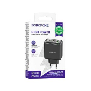 شارژر دیواری فست شارژ ۶۵ وات بروفون مدل BAS34A مجهز به تکنولوژی GaN و ۳ پورت خروجی Type-C و USB3