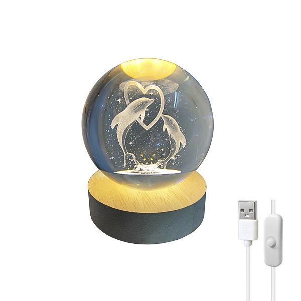 چراغ خواب گوی کریستالی سه بعدی طرح دلفین و قلب