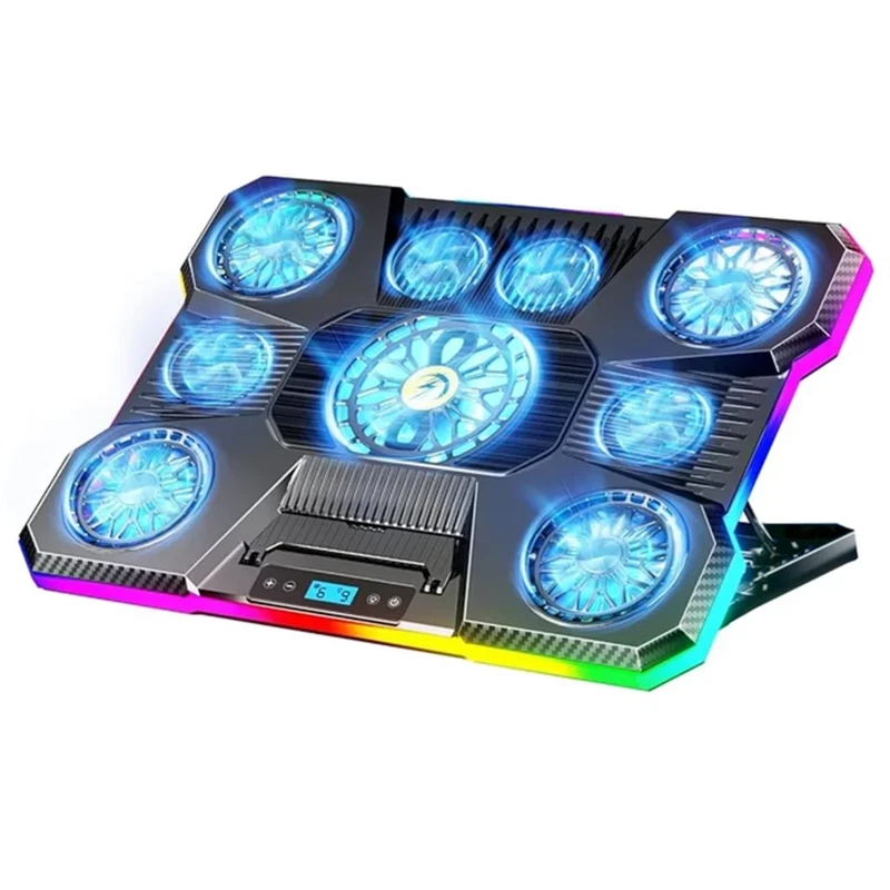 پایه خنک کننده لپ تاپ ۹ فن RGB مدل توربو (نمایشگر دیجیتال + هولدر موبایل)