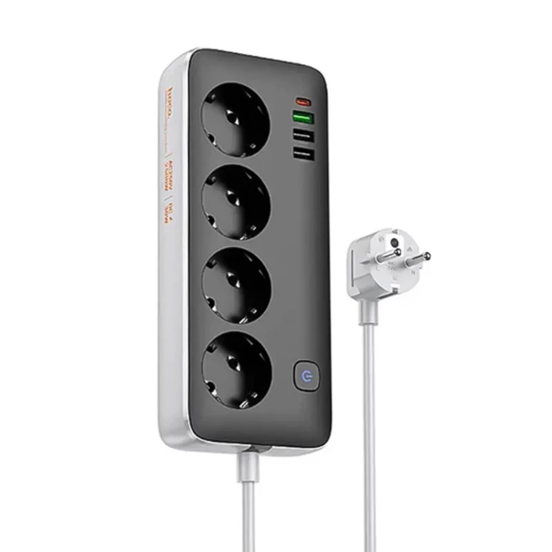 چندراهی برق ۴ خانه و شارژر دیواری هوکو (Hoco) مدل AC22 (توان  2500W  + خروجی PD 30W)