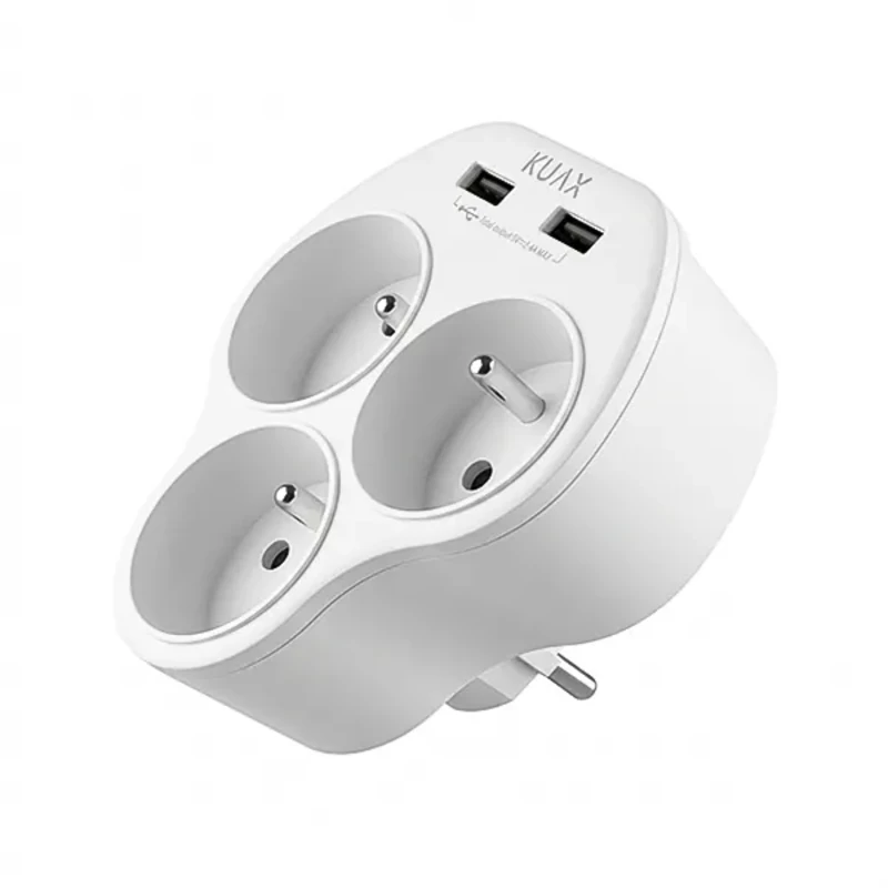 سه راهی برق دیواری KUAX مدل WW09-E3b-2U دارای دو پورت USB شارژ