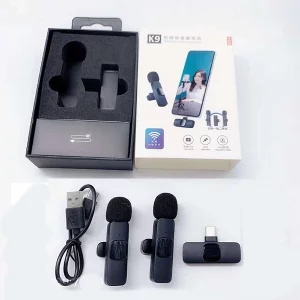 جعبه و محتویات میکروفن بی سیم دوتایی K9