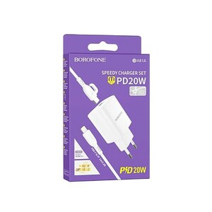 شارژر دیواری فست شارژ PD 20W بروفون مدل BA81A به همراه کابل لایتنینگ