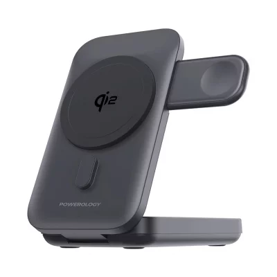 پاوربانک و پایه استند مگ سیف و شارژر اپل واچ 3 خروجی پاورولوژی Qi2 MagSafe Stand Power Bank ظرفیت 10000 میلی آمپر