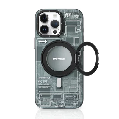 کاور مگ سیف استند (هولدر) یانگ کیت مدل Futuristic Grey 360 MagSafe Ring مناسب آیفون 16 پرومکس اپل iPhone 16 Pro Max