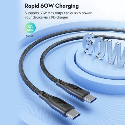 کابل تایپ‌ سی به تایپ‌ سی روکش دار 60 وات راوپاور مدل RAVPOWER Nylon Braid USB-C 60W RP-CB1031 طول 2 متر