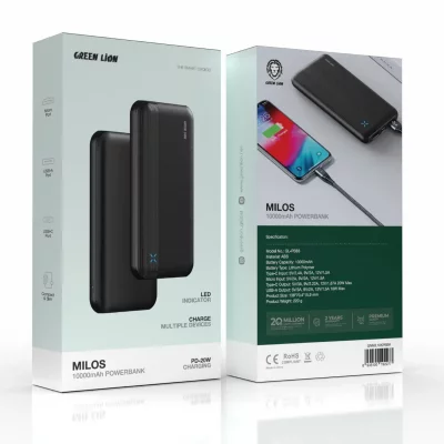 پاور بانک تایپ سی و USB-A دو خروجی 20 وات گرین لاین مدل MILOS ظرفیت 10000 میلی آمپر