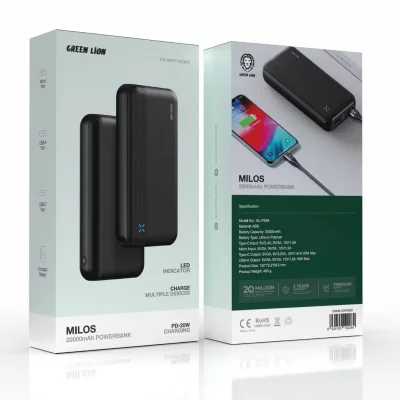 پاور بانک تایپ سی و USB-A دو خروجی 20 وات گرین لاین مدل MILOS ظرفیت 20000 میلی آمپر