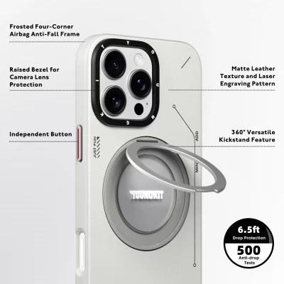 حلقه استند شو - کاور مگ سیف هولدر چرمی آیفون 15 پرومکس یانگ کیت مدل Leather 360° Spin MagSafe iPhone 15 Pro Max