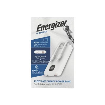 پاور بانک با کابل تایپ سی و لایتنینگ چهار خروجی انرجایزر مدل Energizer UE10071PQ ظرفیت 10000 میلی آمپر