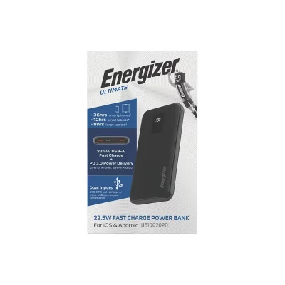 پاور بانک تایپ سی و USB-A سه خروجی 22.5 وات انرجایزر مدل Energizer UE10020PQ ظرفیت 10000 میلی آمپر