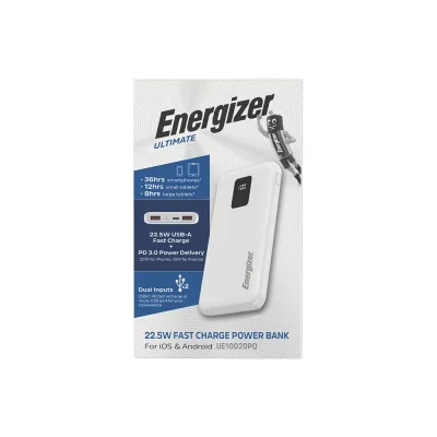 پاور بانک تایپ سی و USB-A سه خروجی 22.5 وات انرجایزر مدل Energizer UE10020PQ ظرفیت 10000 میلی آمپر