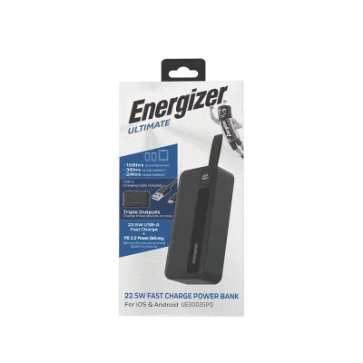 پاور بانک تایپ سی و USB-A سه خروجی 22.5 وات انرجایزر مدل Energizer UE30035PQ ظرفیت 30000 میلی آمپر