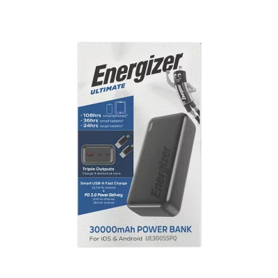 پاور بانک تایپ سی و USB-A سه خروجی 22.5 وات انرجایزر مدل Energizer UE30055PQ ظرفیت 30000 میلی آمپر