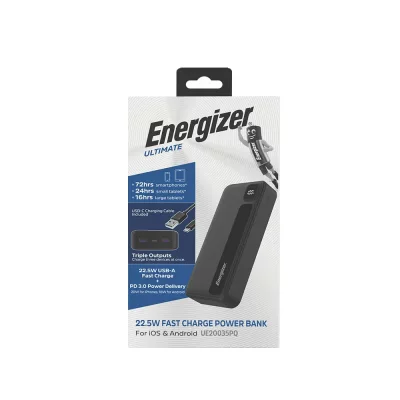 پاور بانک تایپ سی و USB-A سه خروجی 22.5 وات انرجایزر مدل Energizer UE20035PQ ظرفیت 20000 میلی آمپر