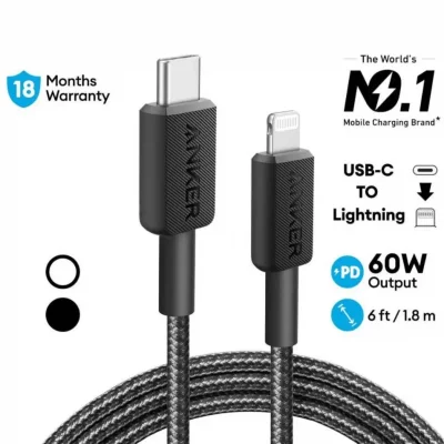 کابل روکش کنفی تایپ‌ سی به لایتنینگ 60 وات انکر مدل Anker 322 USB-C to Lightning Braided A81B6 طول 1.8 متر