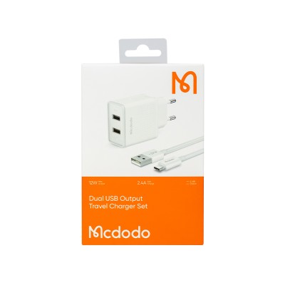 شارژر 2 پورت 12 وات با کابل میکرو USB مک دودو مدل Mcdodo Dual USB Output MicroUSB Cable CH-3971